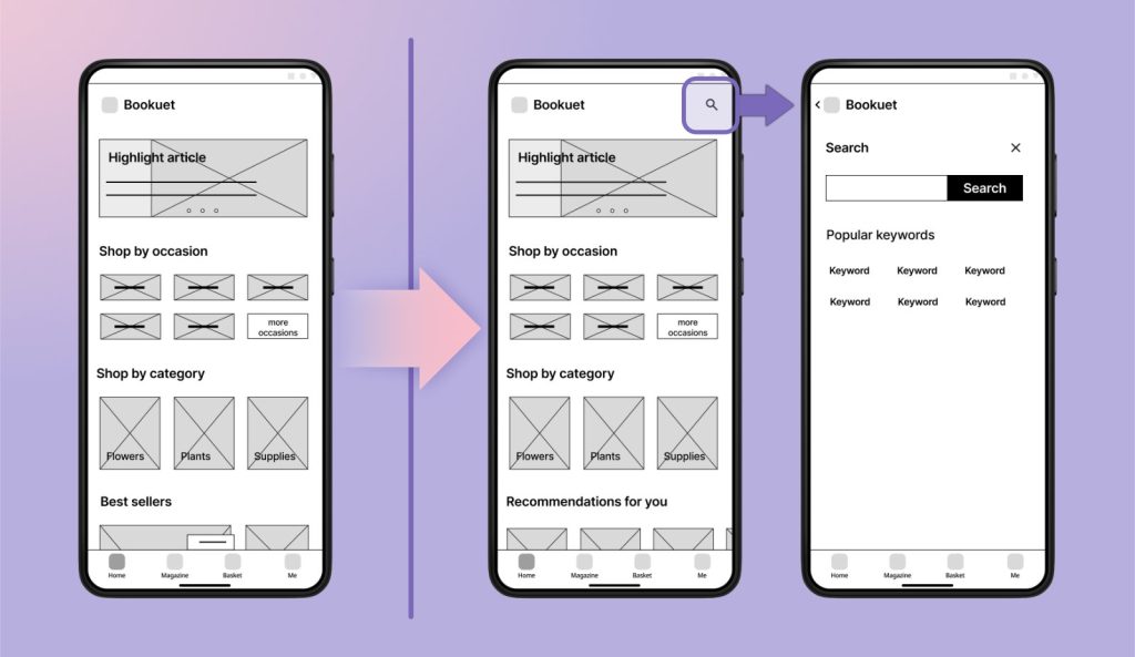 Before/after comparison of home screen illustrating the addition of the search button and its functionality