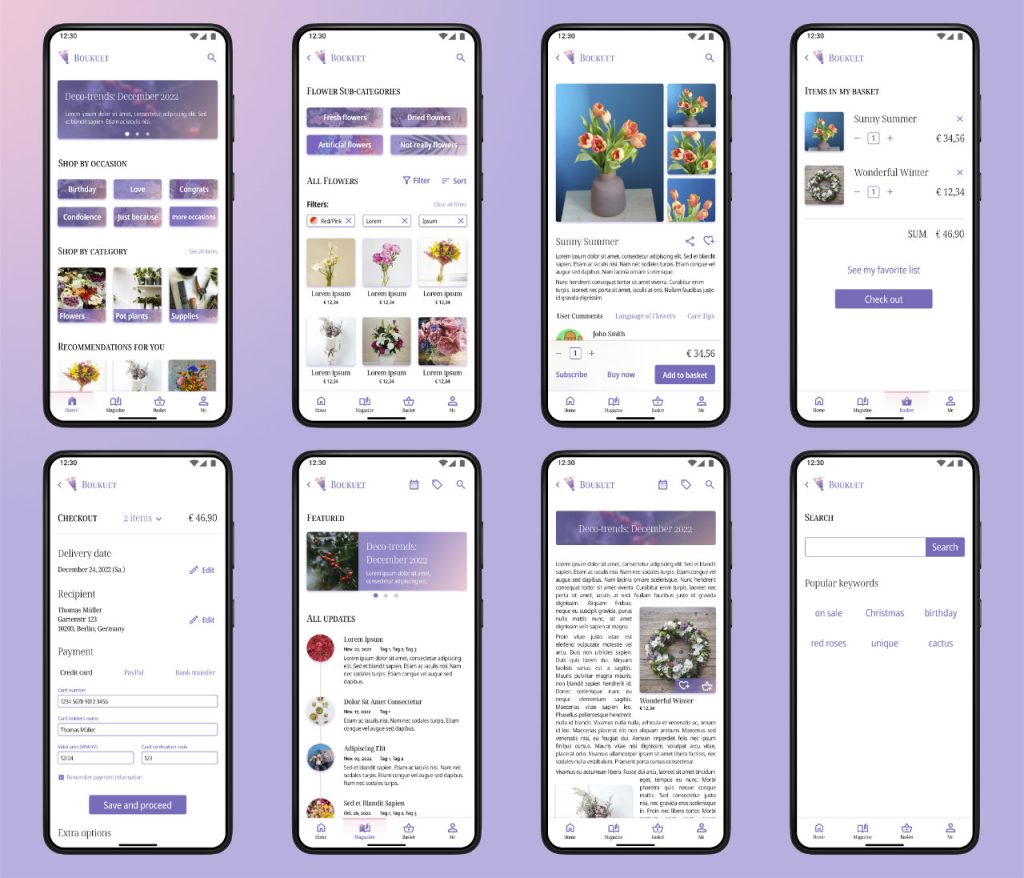High-fidelity mockups of multiple screens